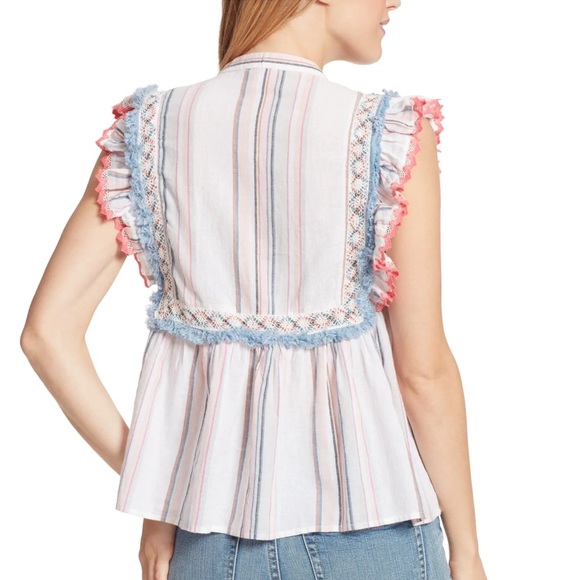 Ella Moss Natalia Striped Fringe Blouse Sleeveless Peplum Top Large - Picture 3 of 7